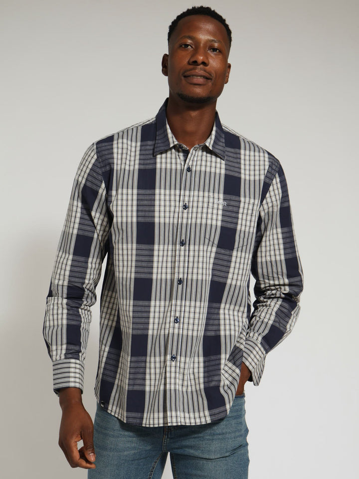 Long Sleeve Casual Check Shirt - Navy