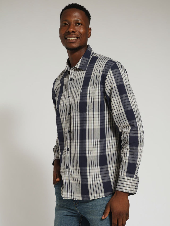 Long Sleeve Casual Check Shirt - Navy