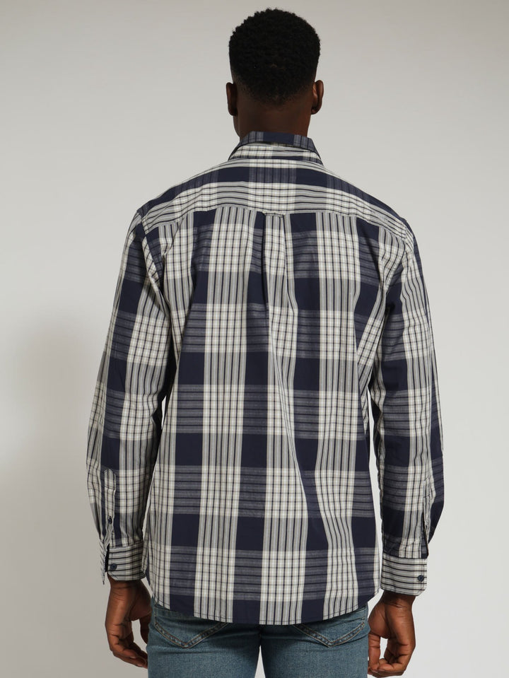 Long Sleeve Casual Check Shirt - Navy