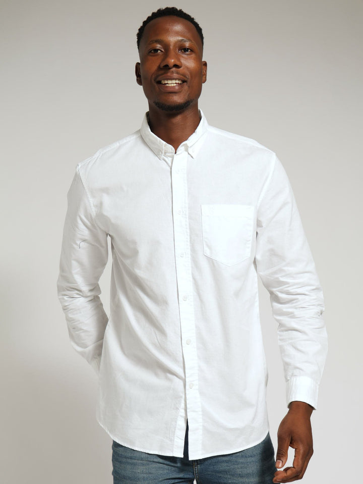 Long Sleeve Plain Oxford Shirt - White