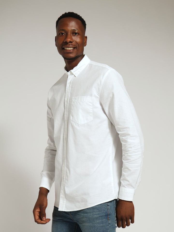 Long Sleeve Plain Oxford Shirt - White