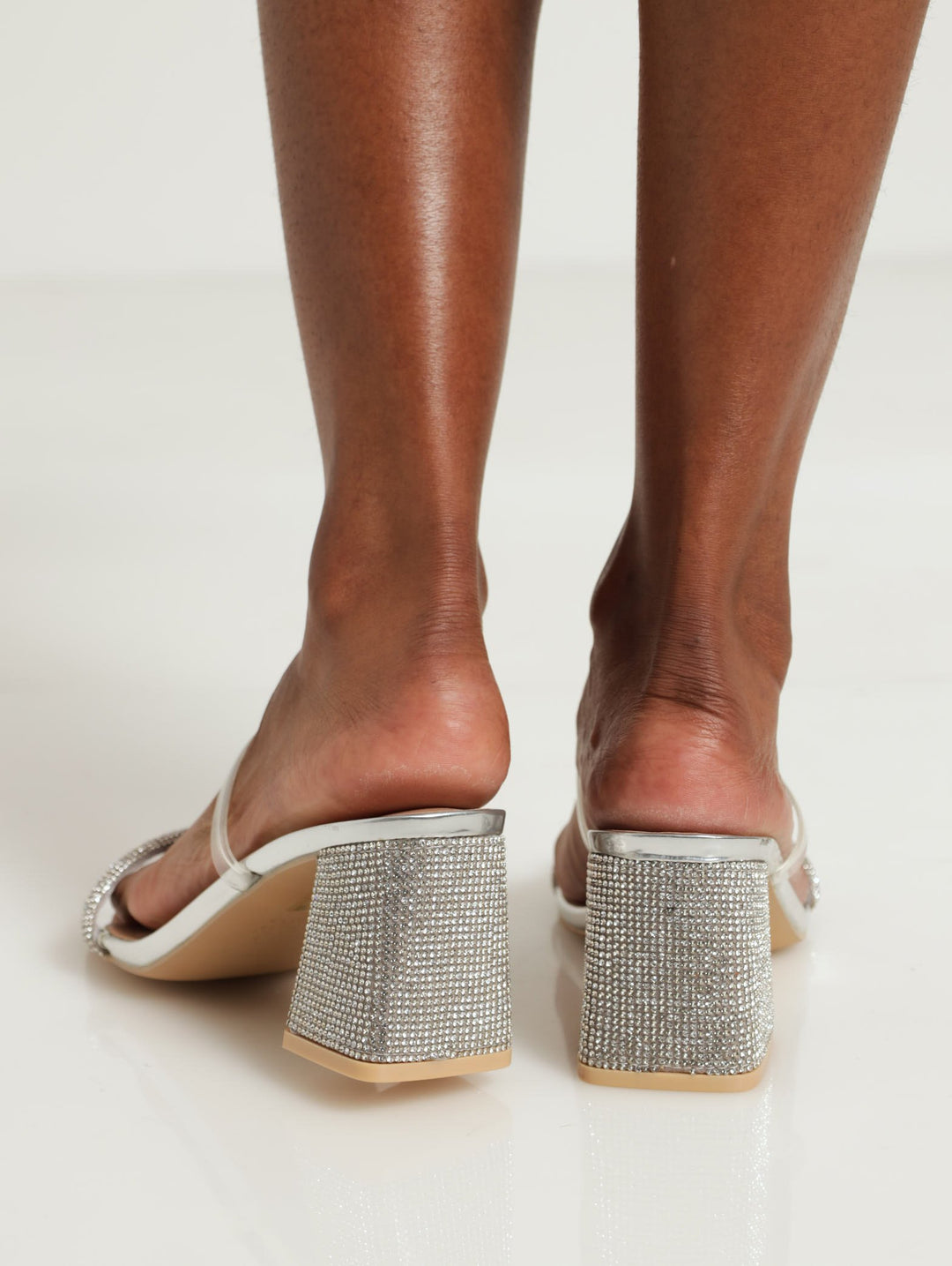 Mule Sandal Mid Block Heel - Silver