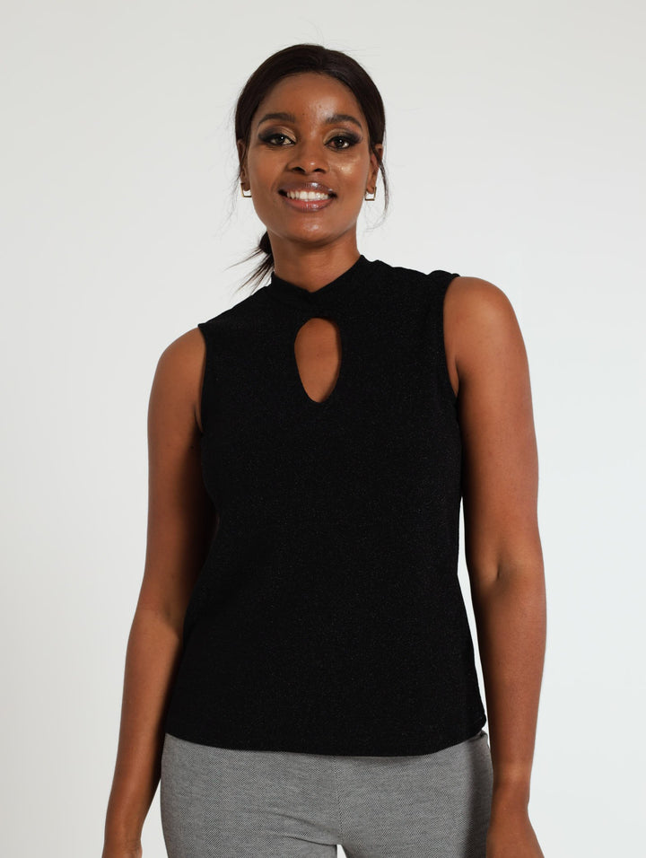 Ladies Keyhole Turtleneck Shimmer Tank Top - Black