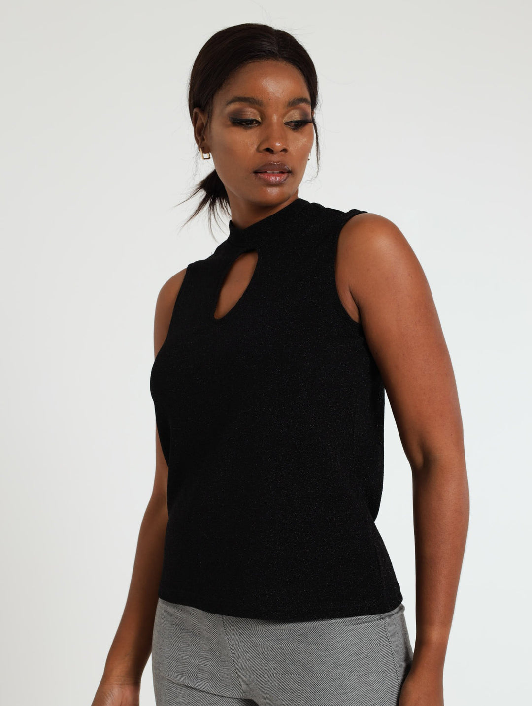 Ladies Keyhole Turtleneck Shimmer Tank Top - Black