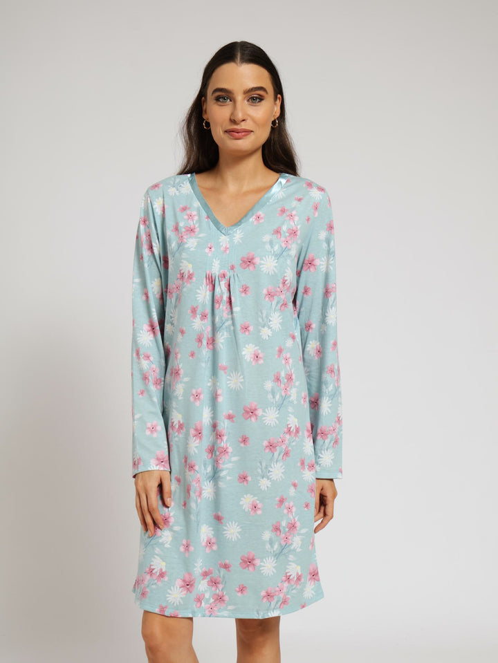 Long Sleeve Pleat Front Painted Flower Sleepshirt - Duck Egg