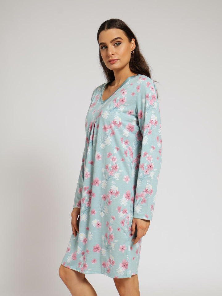 Long Sleeve Pleat Front Painted Flower Sleepshirt - Duck Egg