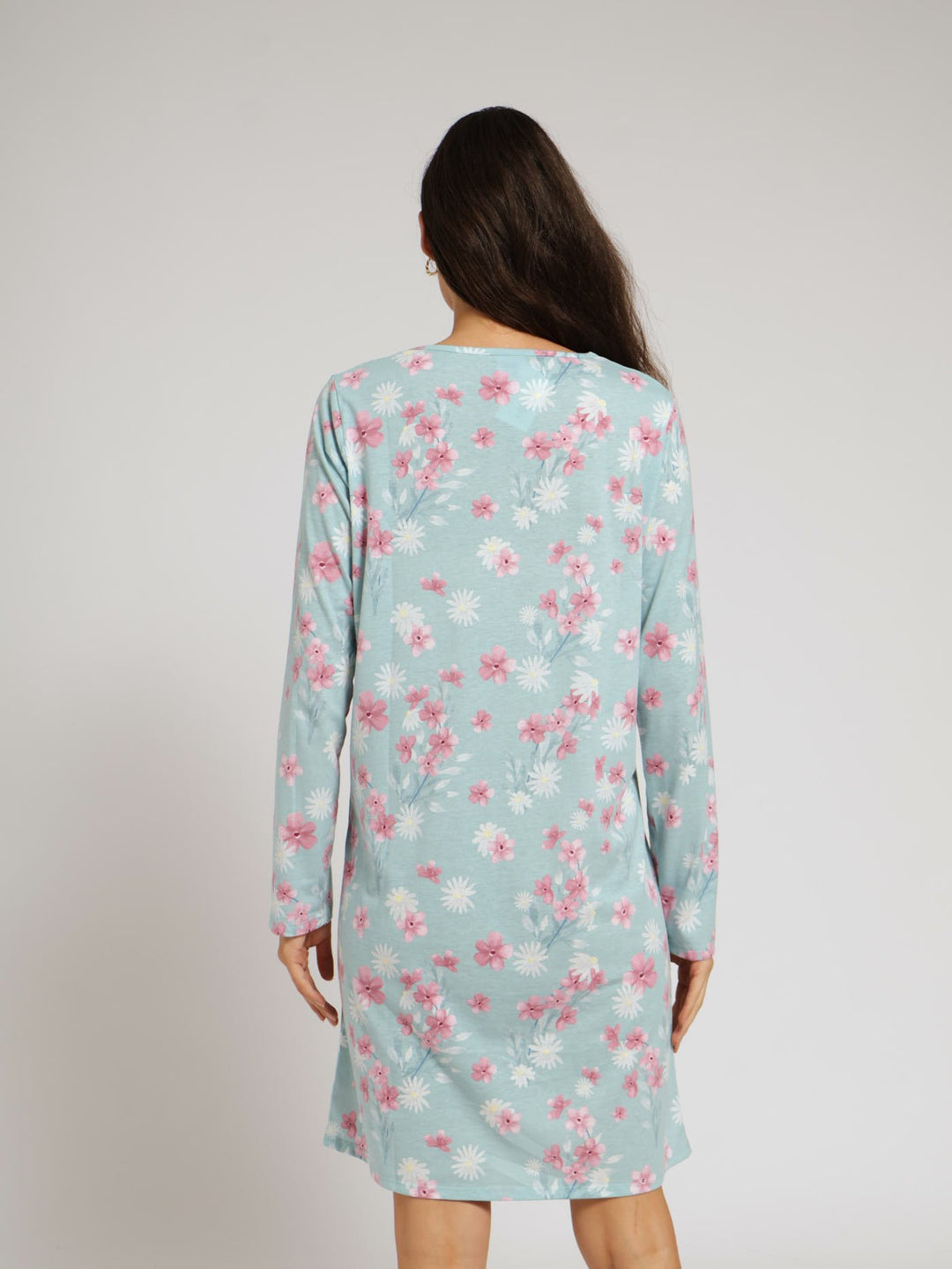 Long Sleeve Pleat Front Painted Flower Sleepshirt - Duck Egg