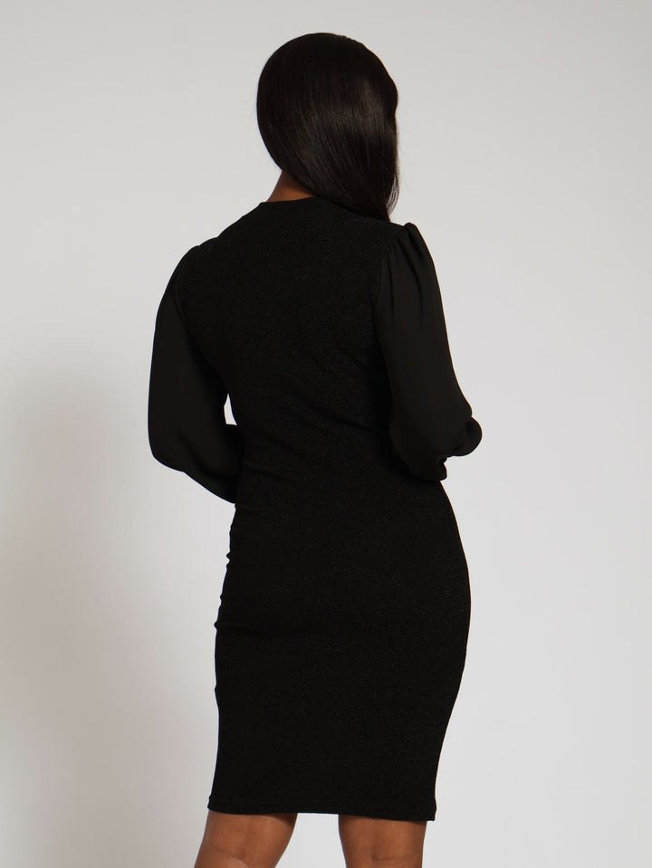 Kitty Bow Bodycon Shimmer Combo Dress - Black