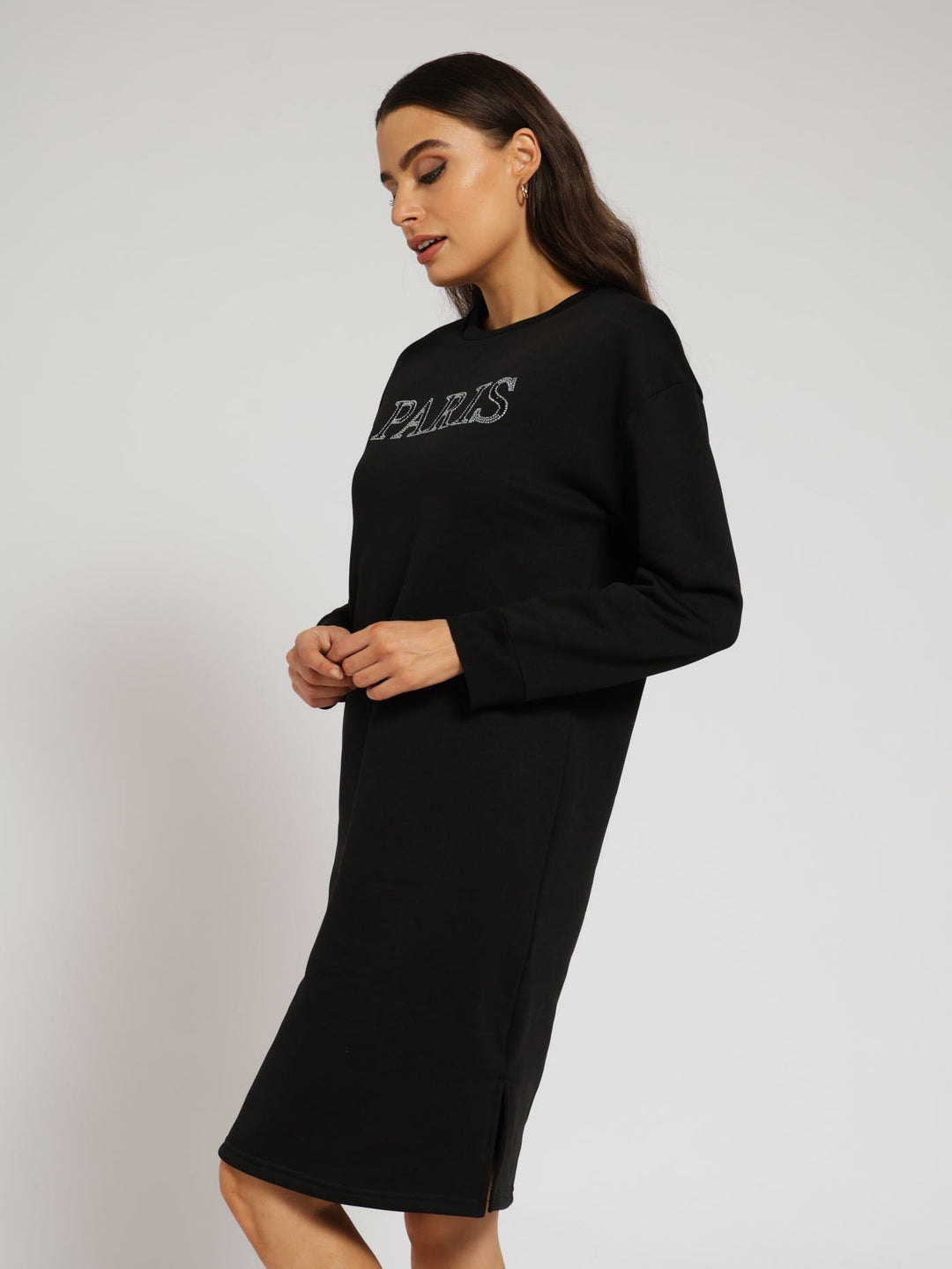 Long Sleeve Fleece Dress With Paris Print - Black