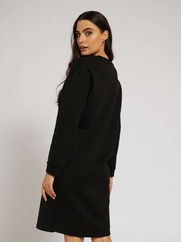 Long Sleeve Fleece Dress With Paris Print - Black