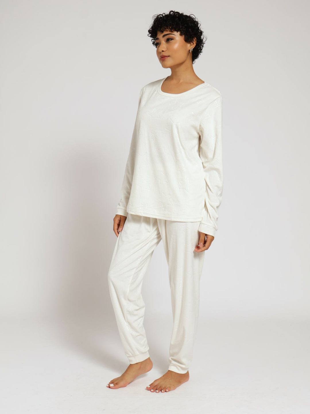 Long Sleeve Embossed Star Jogger Set - Cream