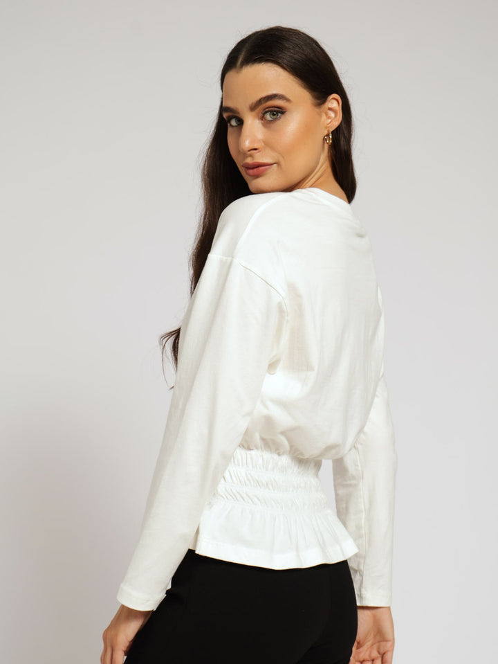 Long Sleeve Shirred Waist Tee - Cream