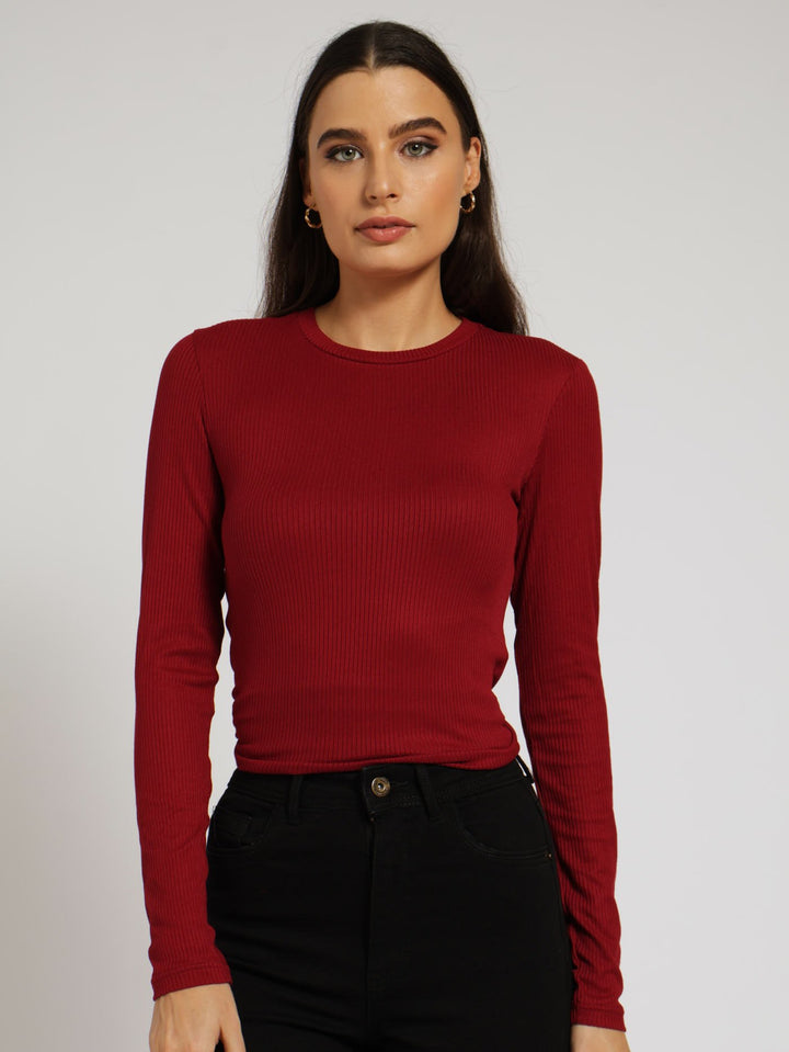 Long Sleeve Rib Crew Top - Burgundy