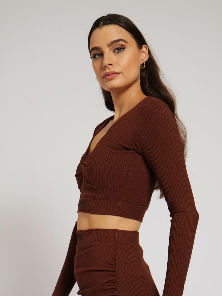 Georgia Rib Crop Top With Twist - Chocolate