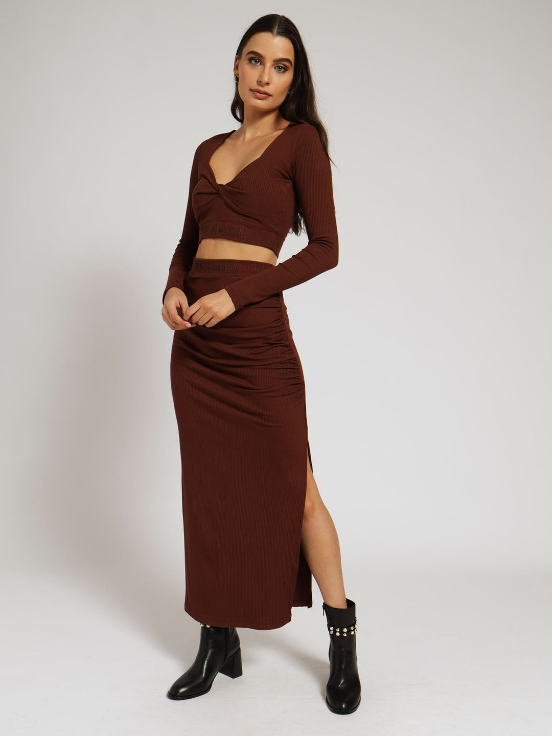 Layla High Waisted Rib Bodycon Midi Skirt - Chocolate