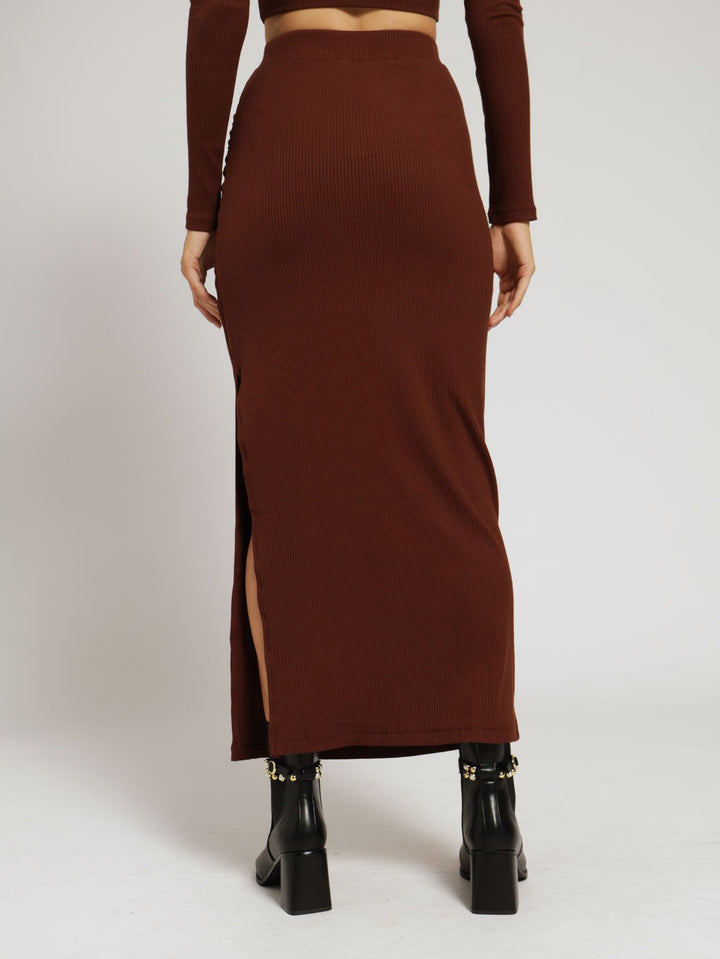 Layla High Waisted Rib Bodycon Midi Skirt - Chocolate