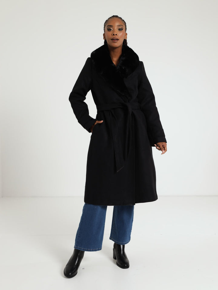 Diana Fur Collar Coat - Black