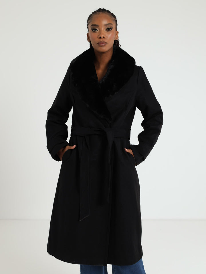 Diana Fur Collar Coat - Black