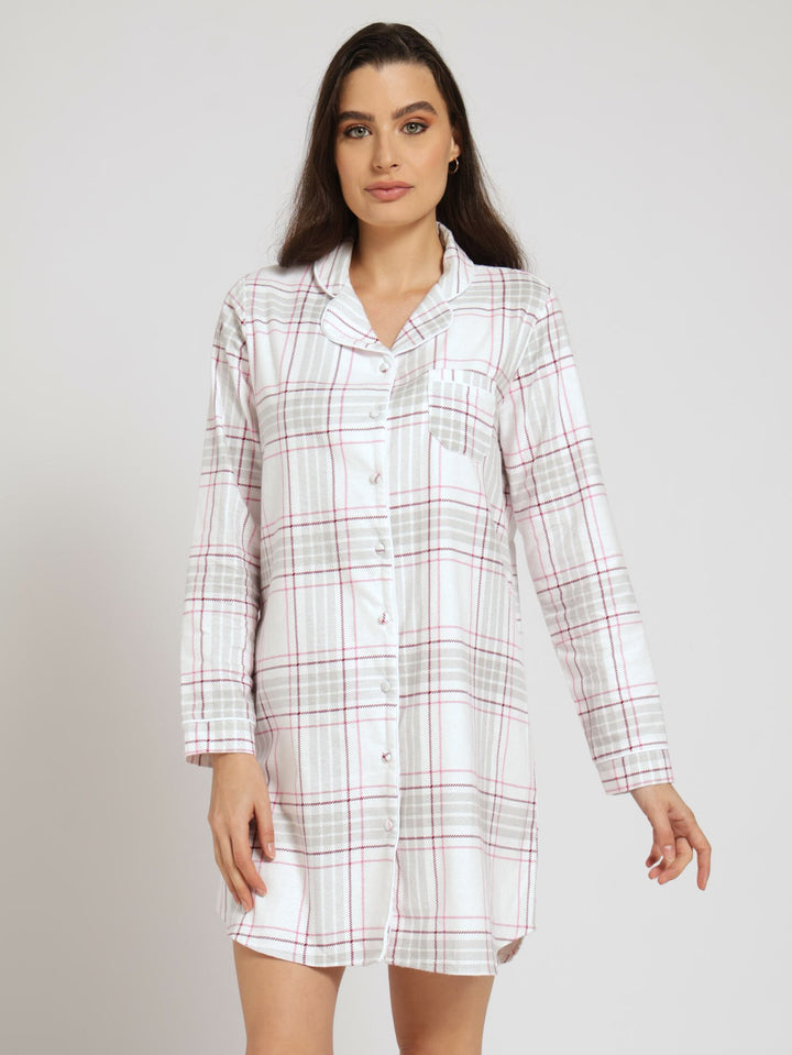 Long Sleeve Button Through Flannel Check Sleepshirt - Pink/Burgundy