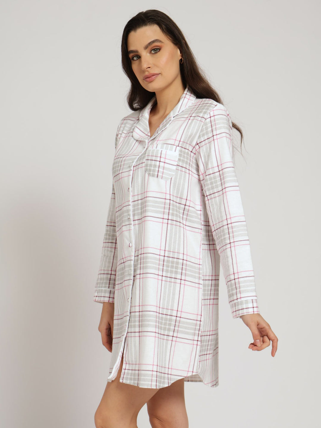 Long Sleeve Button Through Flannel Check Sleepshirt - Pink/Burgundy