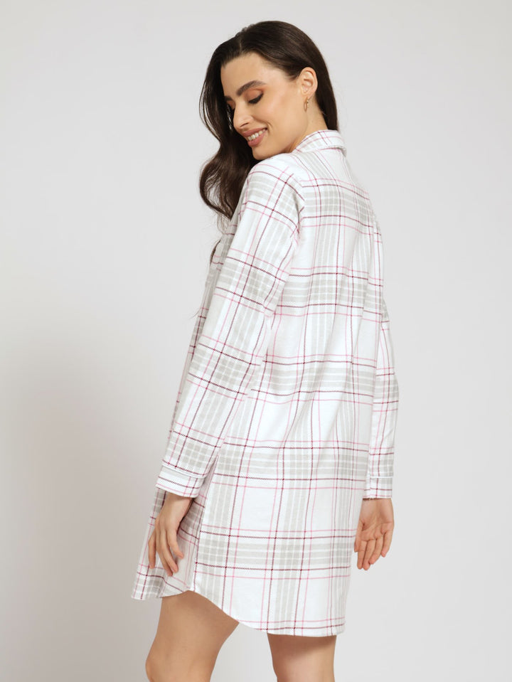 Long Sleeve Button Through Flannel Check Sleepshirt - Pink/Burgundy