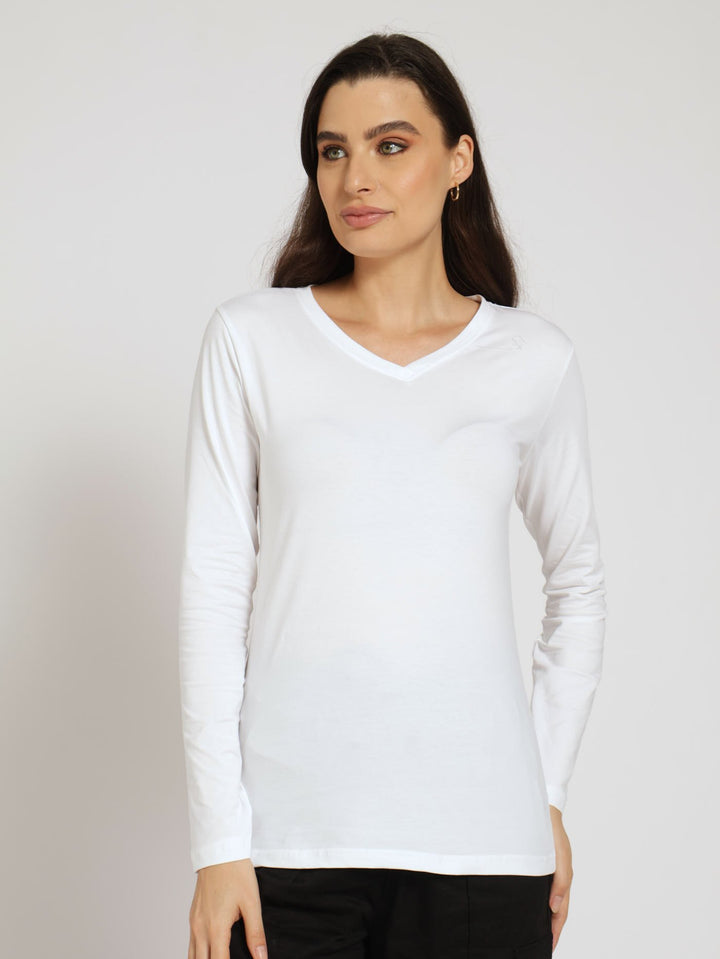 Long Sleeve Lycra V-Neck Top - White