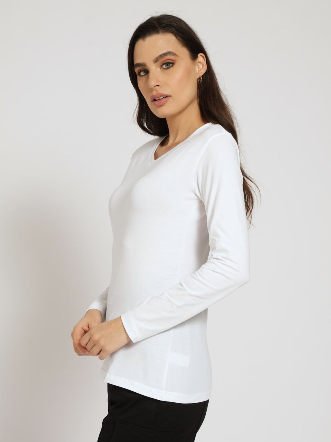 Long Sleeve Lycra V-Neck Top - White