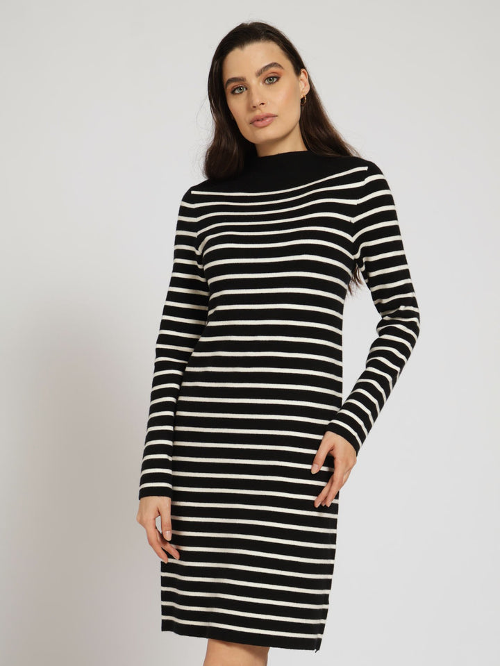 Long Sleeve Hi-Neck Striped Jersey Mini Dress - Black/Cream