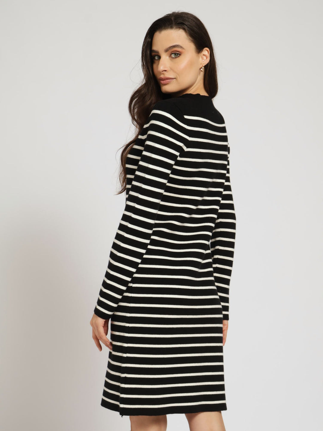 Long Sleeve Hi-Neck Striped Jersey Mini Dress - Black/Cream