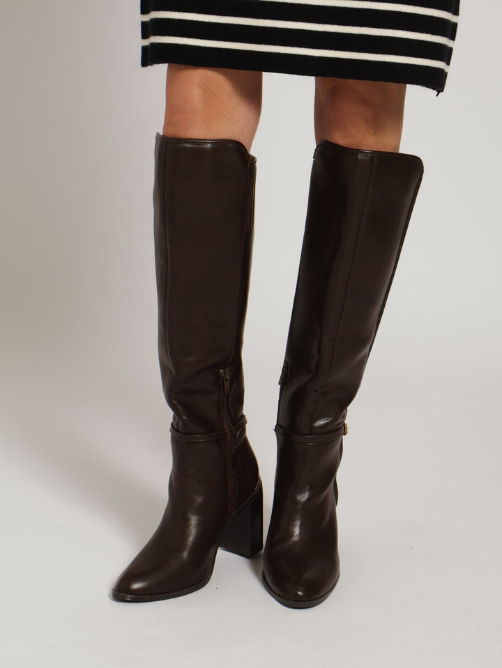 Pointed Block Heel Knee High Boots - Brown