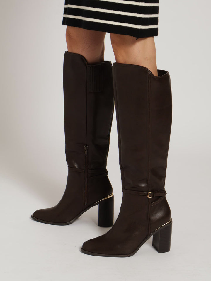 Pointed Block Heel Knee High Boots - Brown