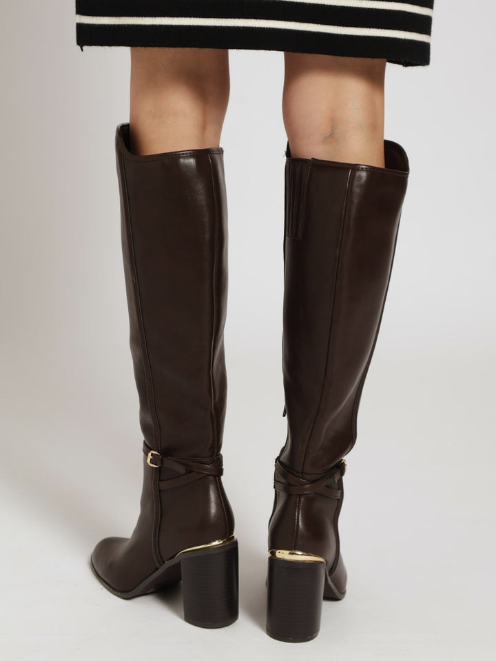 Pointed Block Heel Knee High Boots - Brown