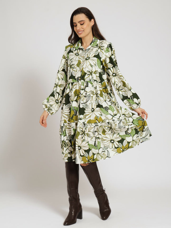 Long Sleeve Tiered Shirt Dress - Green