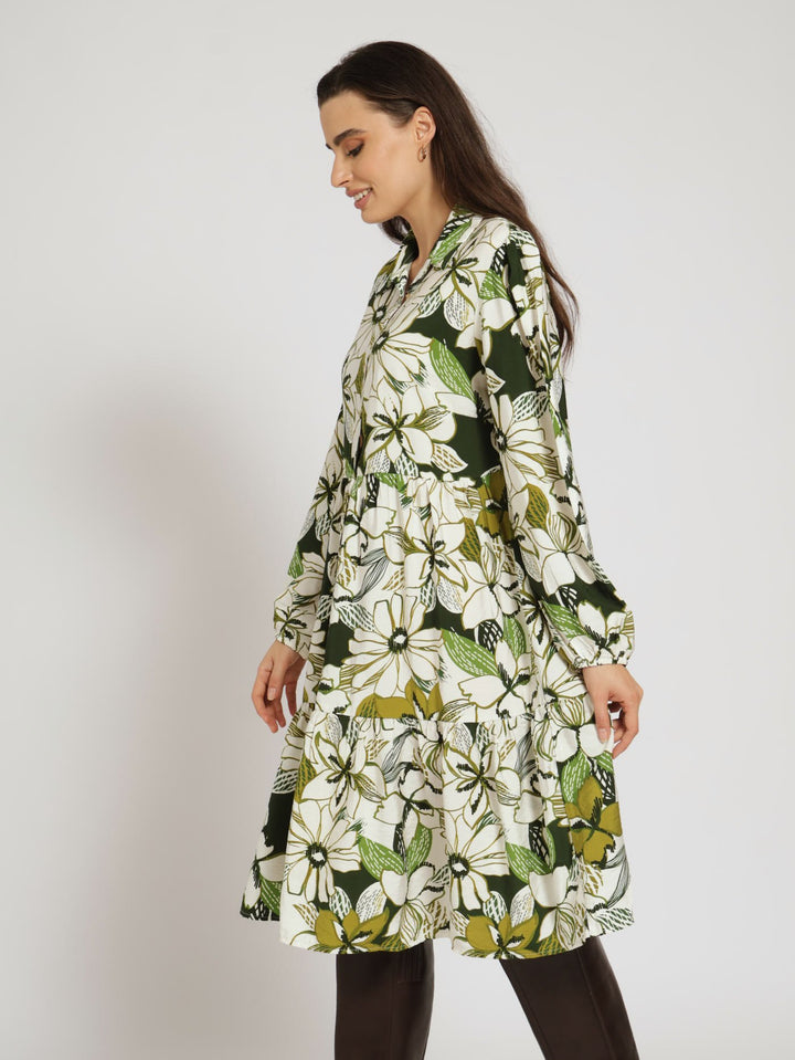 Long Sleeve Tiered Shirt Dress - Green