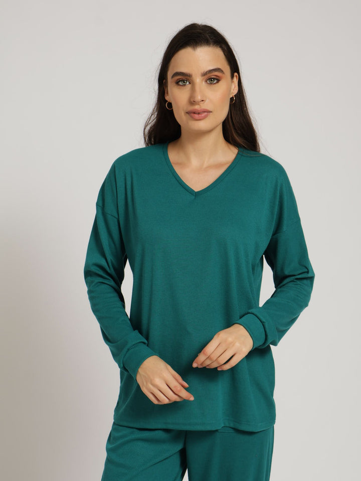 Long Sleeve Pullover Textured Top - Teal