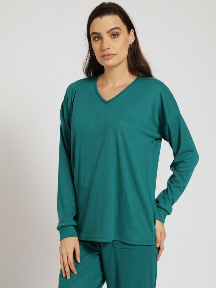 Long Sleeve Pullover Textured Top - Teal