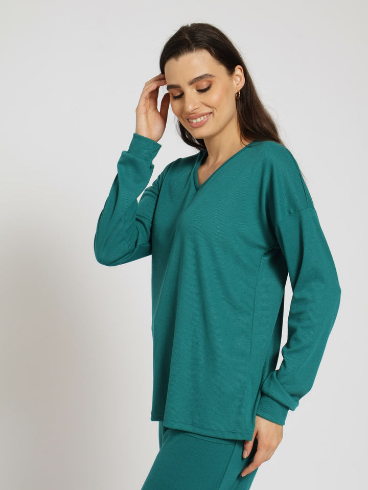 Long Sleeve Pullover Textured Top - Teal