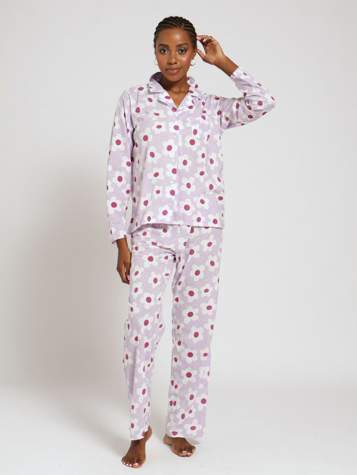 Long Sleeve Button Through Shirt & Pant Knit Pj Set - Purple