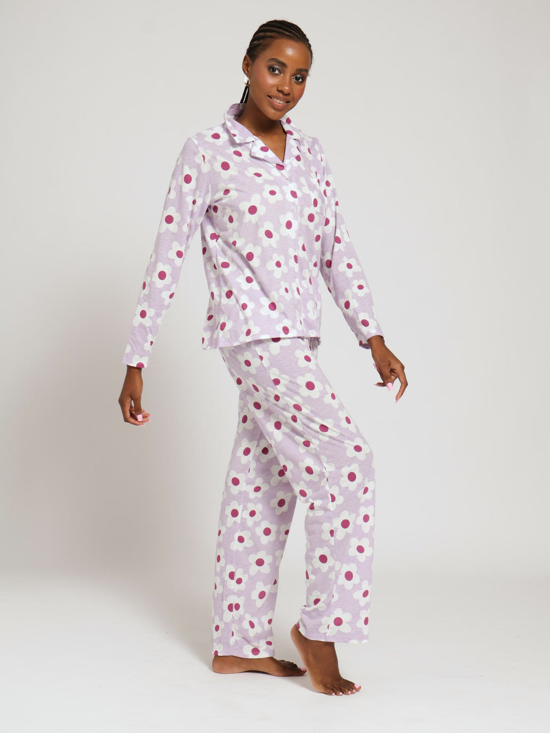 Long Sleeve Button Through Shirt & Pant Knit Pj Set - Purple