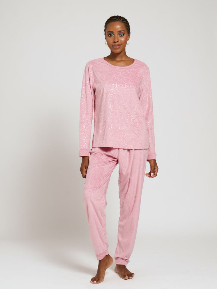 Long Sleeve Embossed Happy Jogger Pj Set - Pink