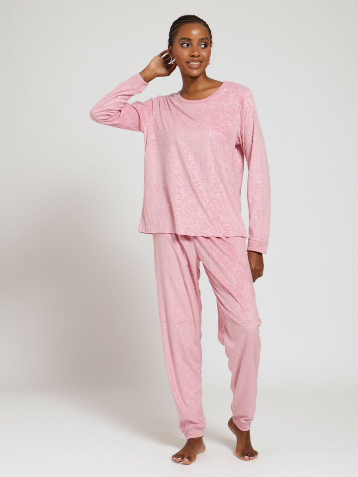 Long Sleeve Embossed Happy Jogger Pj Set - Pink