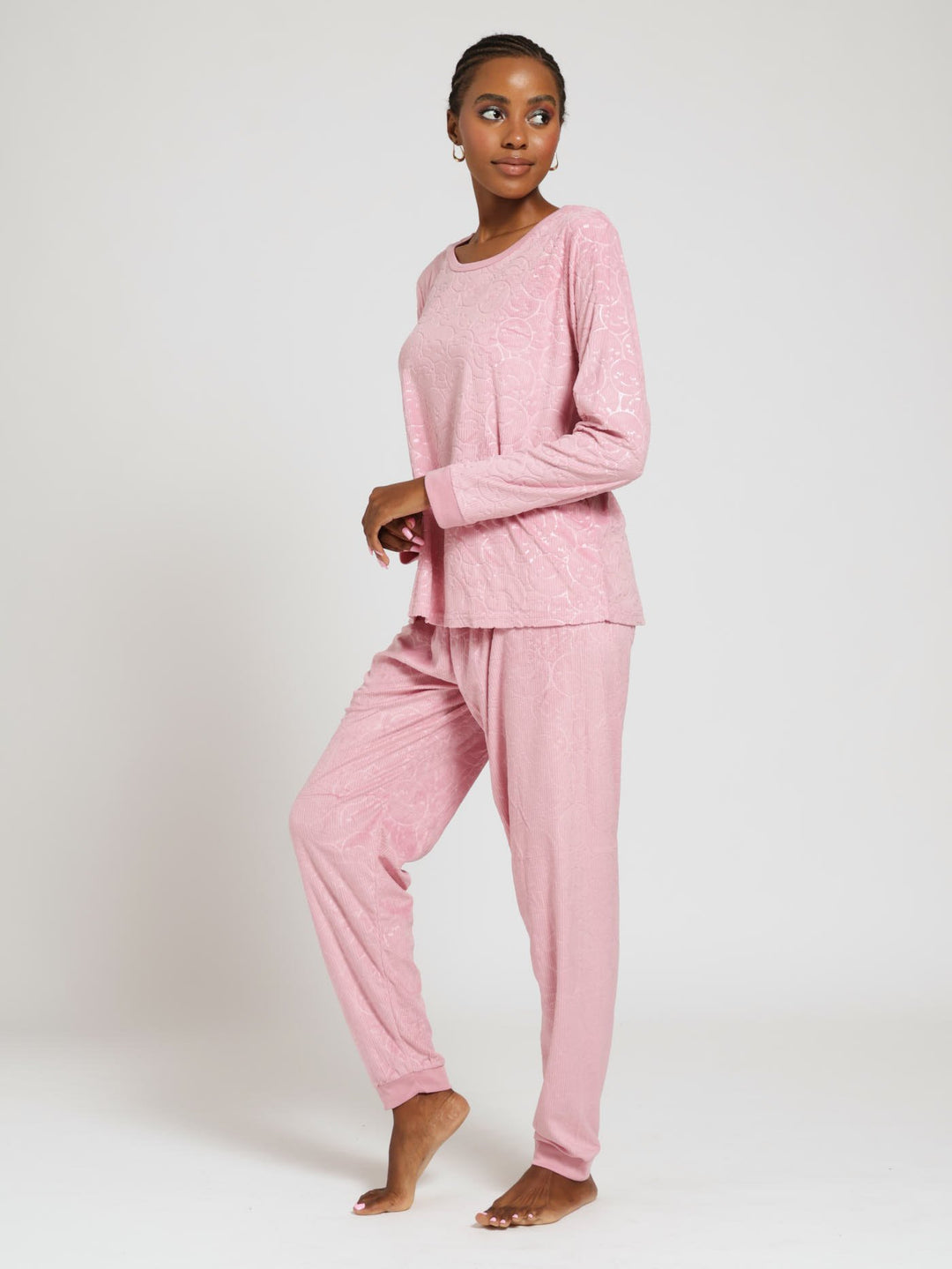 Long Sleeve Embossed Happy Jogger Pj Set - Pink