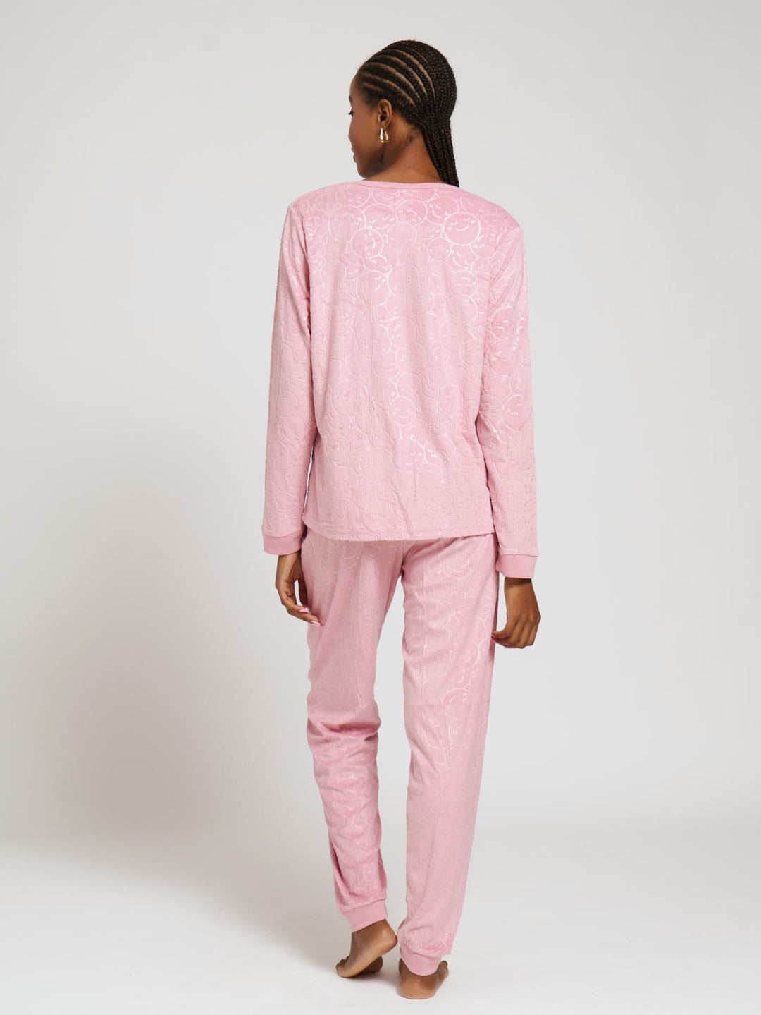 Long Sleeve Embossed Happy Jogger Pj Set - Pink