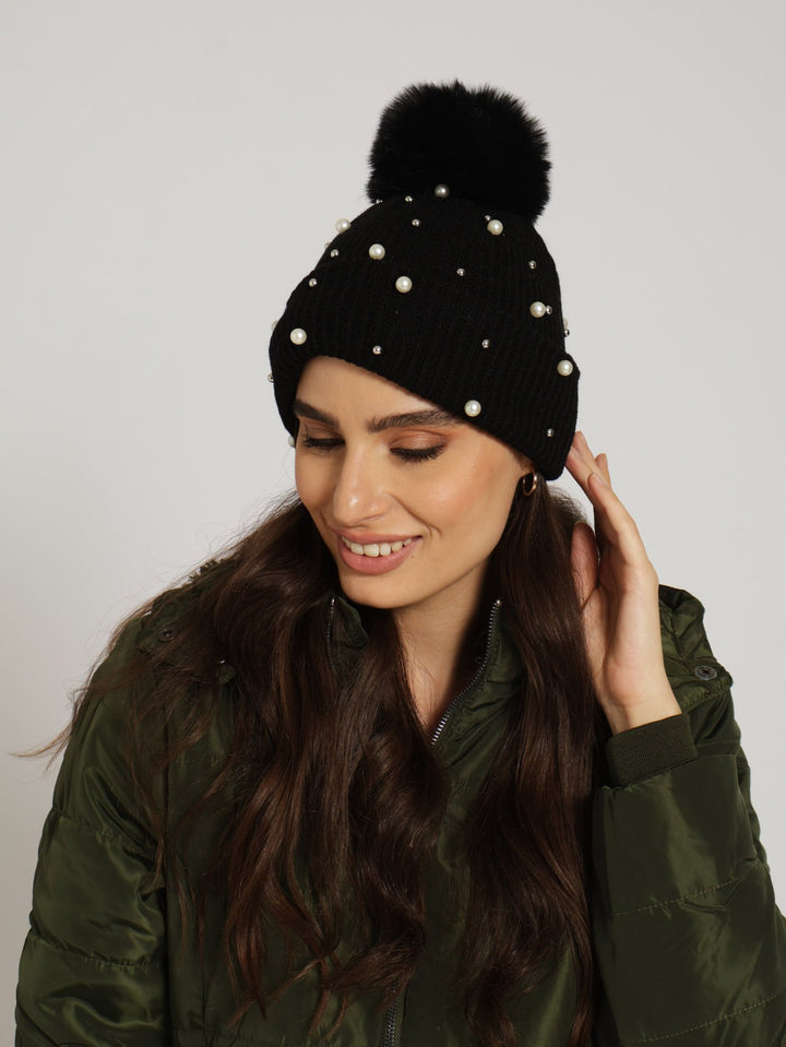 Embellished Turn Up Pom Pom Beanie - Black