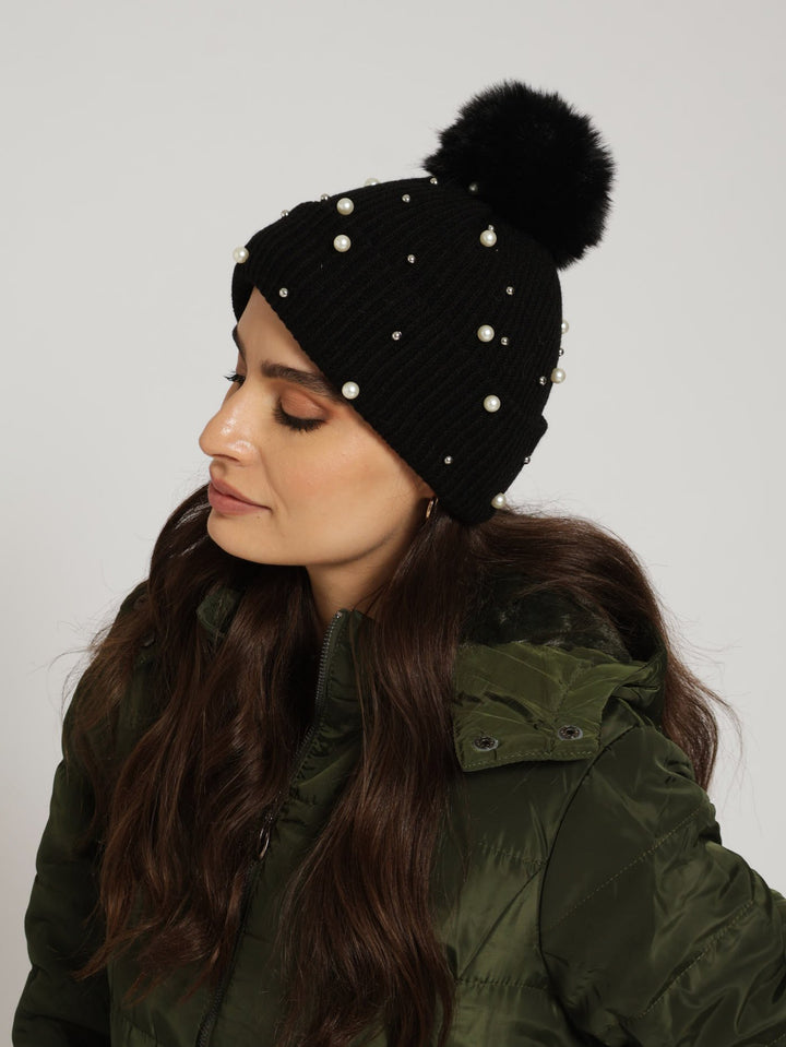 Embellished Turn Up Pom Pom Beanie - Black