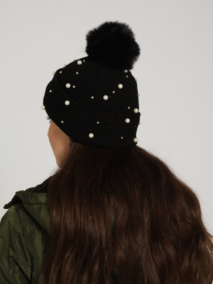 Embellished Turn Up Pom Pom Beanie - Black