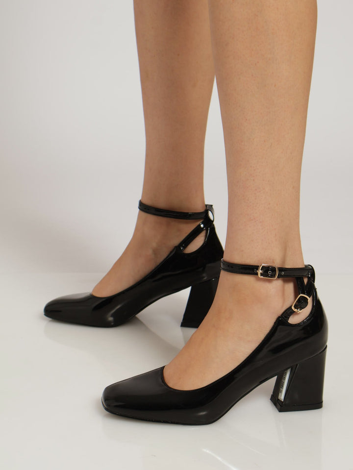 Patent Ankle Strap Square Toe Court Heel - Black