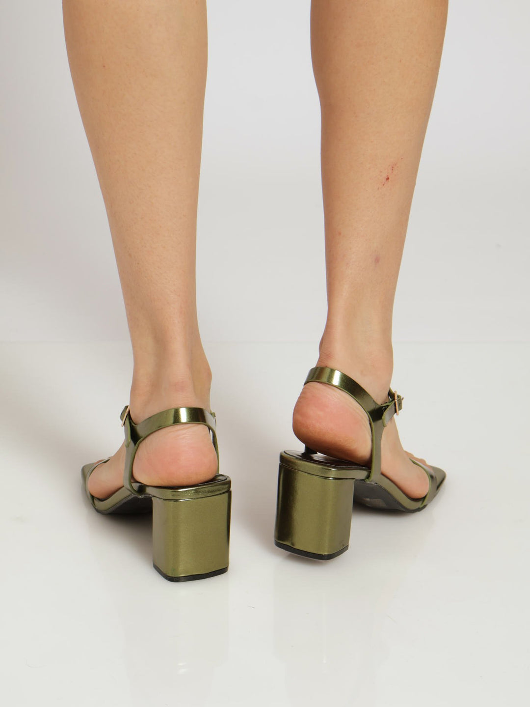 T-Bar Patent Mettalic Ankle Strap Heel - Olive