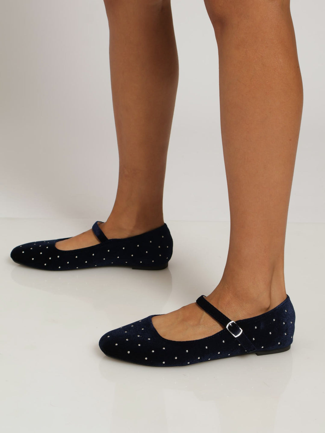 Diamante Crusted Velour Maryjane - Navy