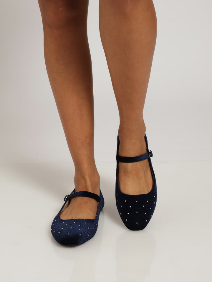 Diamante Crusted Velour Maryjane - Navy